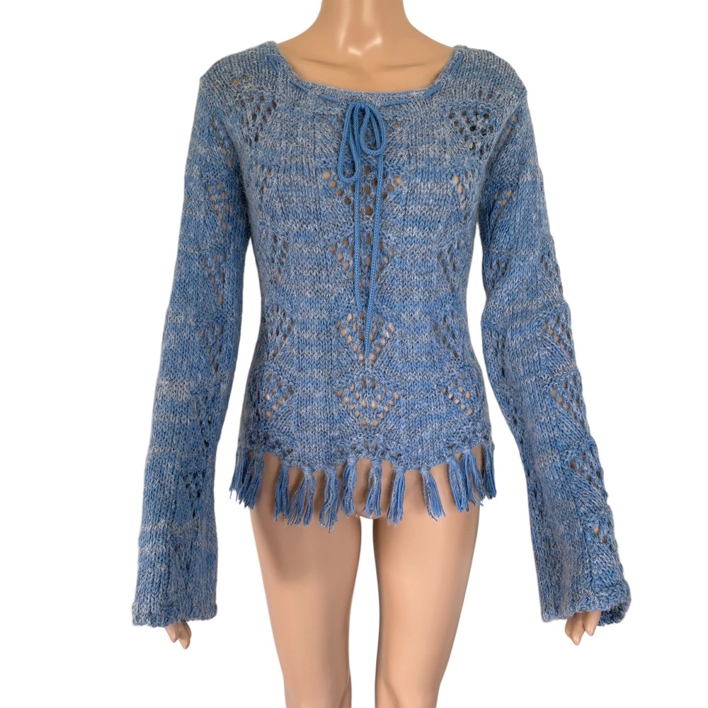 Twiggy Boho Blue Mohair Blend Pointelle Knit Fringe Bell Sleeve Sweater M Fairy